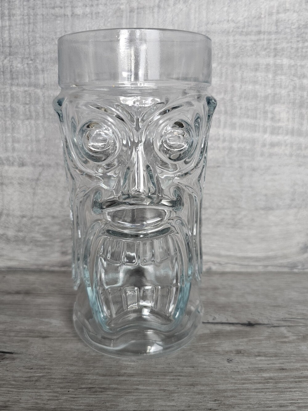Anchor Hocking Tall Screaming Tiki Clear Glass High Relief Mug Hawaii 16oz